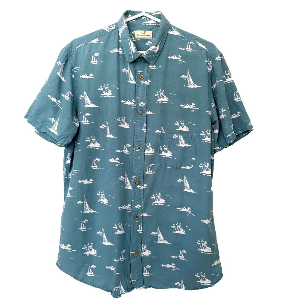 Marine Layer Teal Blue Nautical Print Short-Sleeve Button-Down Shirt